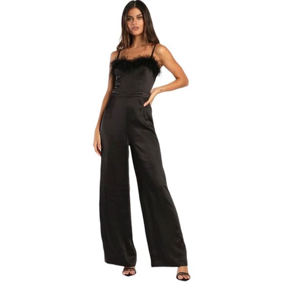 Lulu’s Black Feather Together Satin Wide Leg Jumpsuit Medium - Picture 1 of 16